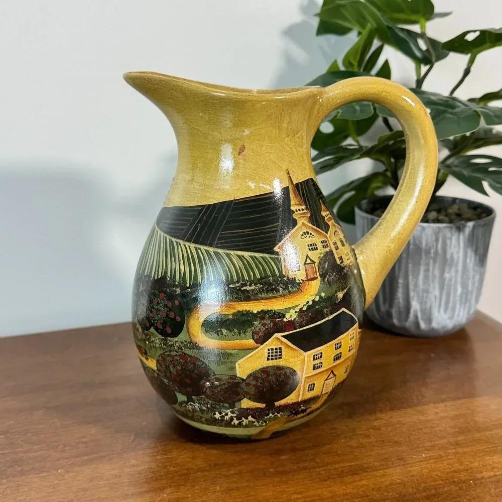 Vintage Colonial Scene Country Pitcher Vase Hand painted Ceramic